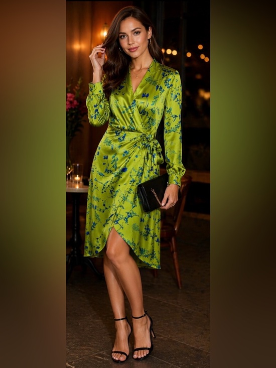 I.N.C. International Concepts Dresses & Skirts - I.N.C. International Concepts Satin Wrap Dress Green Floral Elegant Size XS